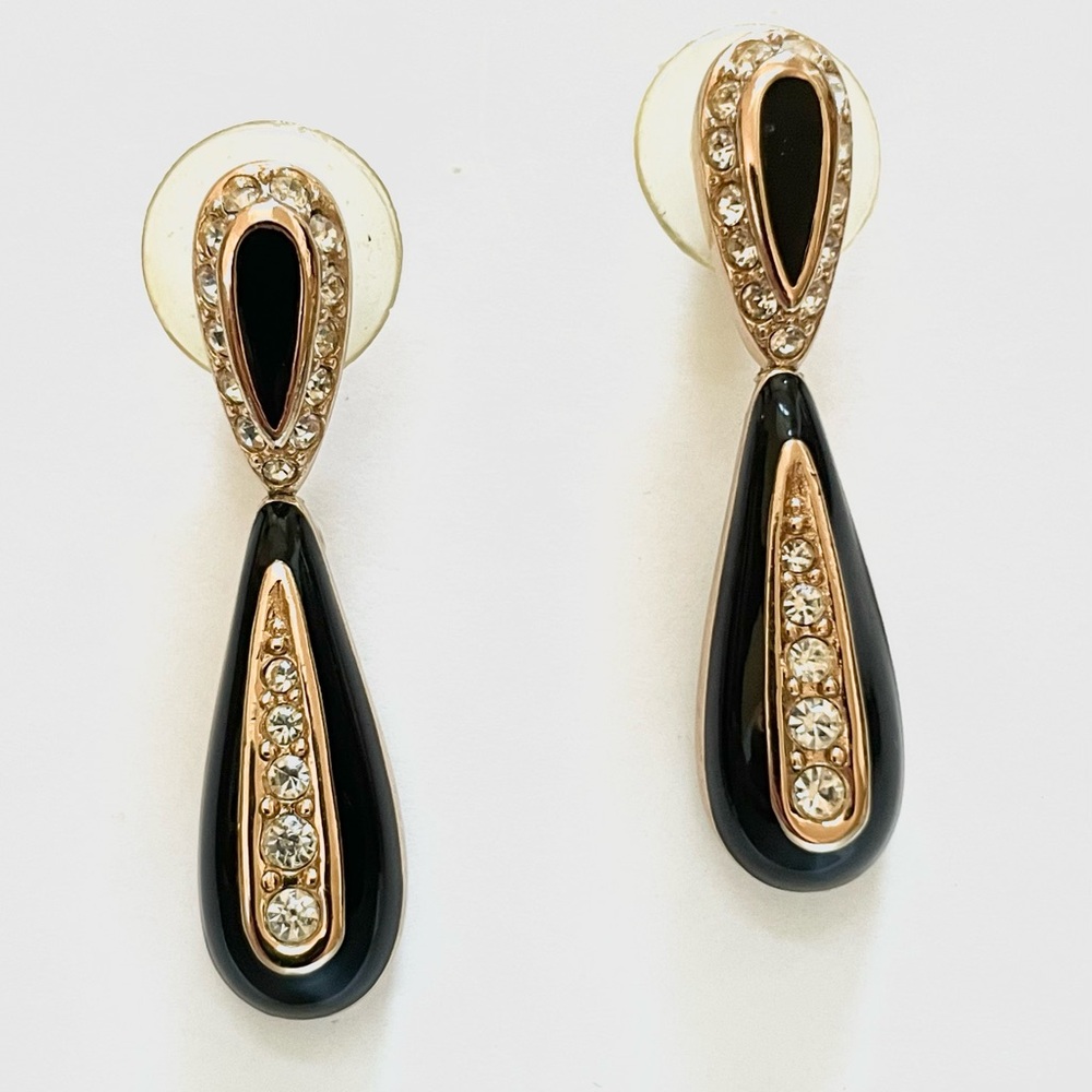 Vintage Christian DIOR Crystal and Enamel Black Gold Teardrop Rhinestone Earring